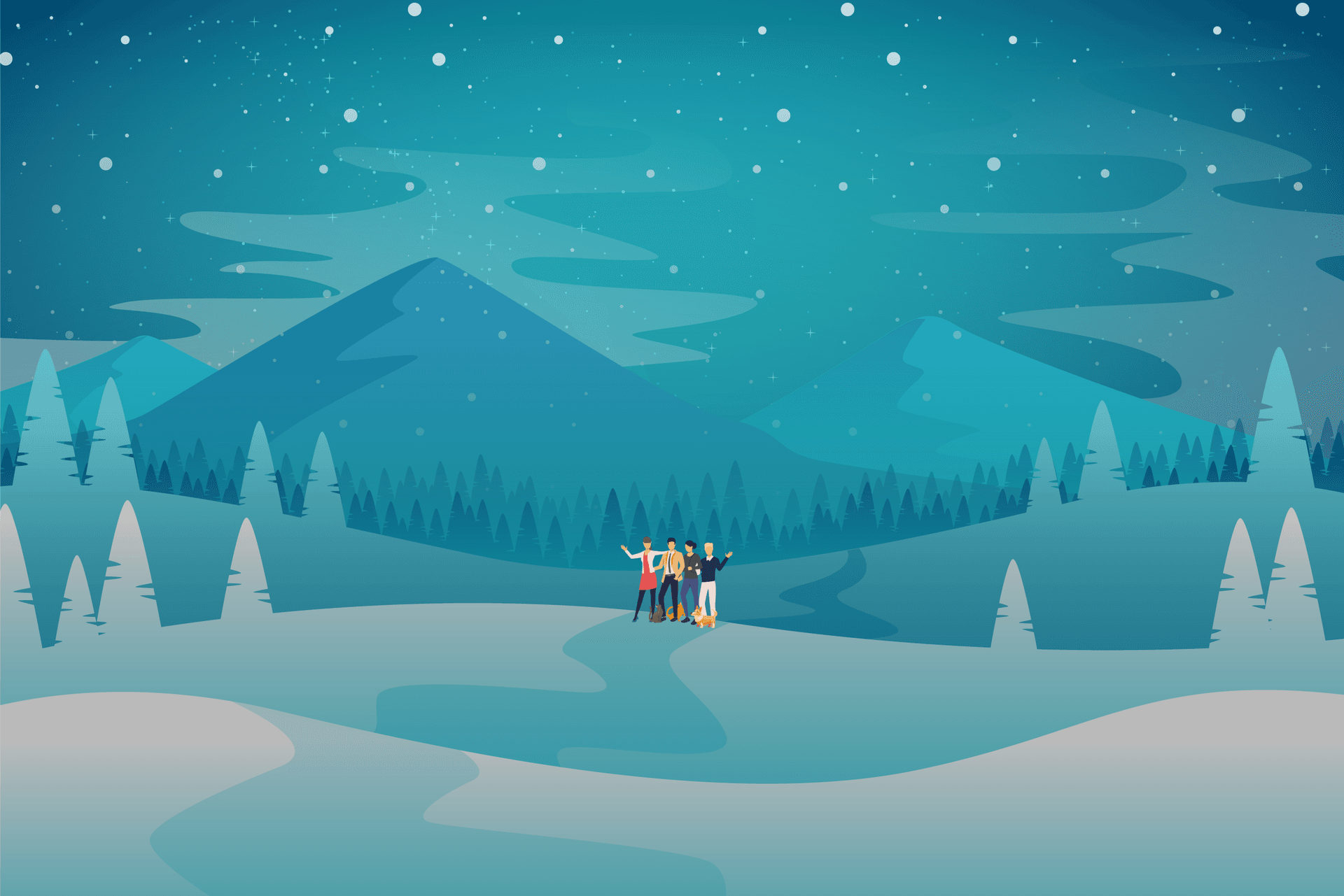 Illustration of a group of people on a snowy meadow with pine trees, with mountains in the distance and snow falling overhead.