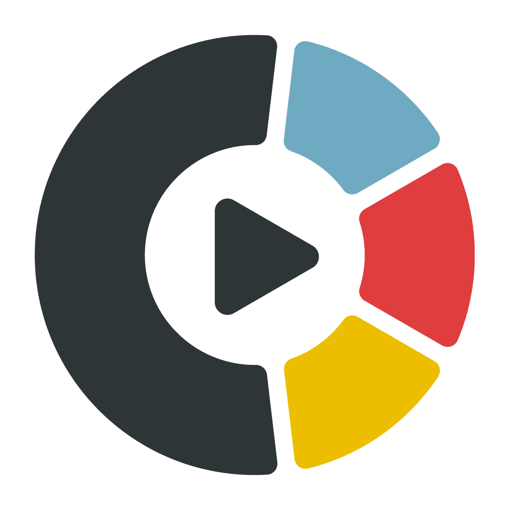 A circular icon divided in half: the left side is black, and the right side has 3 colored segments - blue, red, and yellow, with a white play symbol in the center.