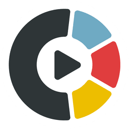 A circular icon divided in half: the left side is black, and the right side has 3 colored segments - blue, red, and yellow, with a white play symbol in the center.