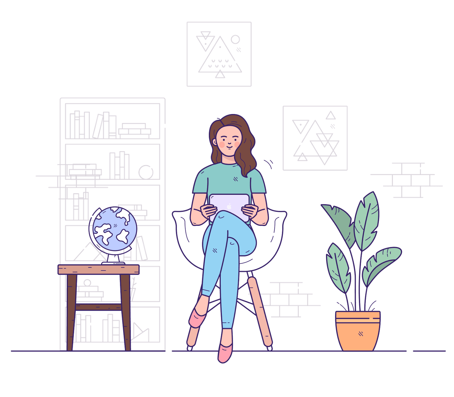 Illustration of a woman sitting in a modern chair, holding a tablet, with a bookshelf, globe, and plant nearby, suggesting a cozy reading or study area.