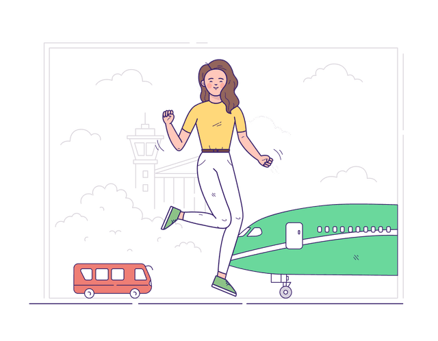 Illustration of a woman jumping up, with a plane and bus in the background.