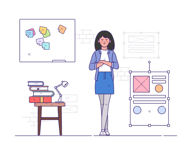 Illustration of a student standing in an office beside a photocopier and holding a cup, with a whiteboard with sticky notes behind her.