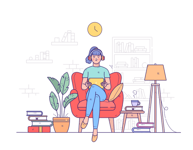 Illustration of a woman reading an iPad in a cozy chair with a drink beside her, surrounded by a lamp, plants, and a cityscape outside the window.