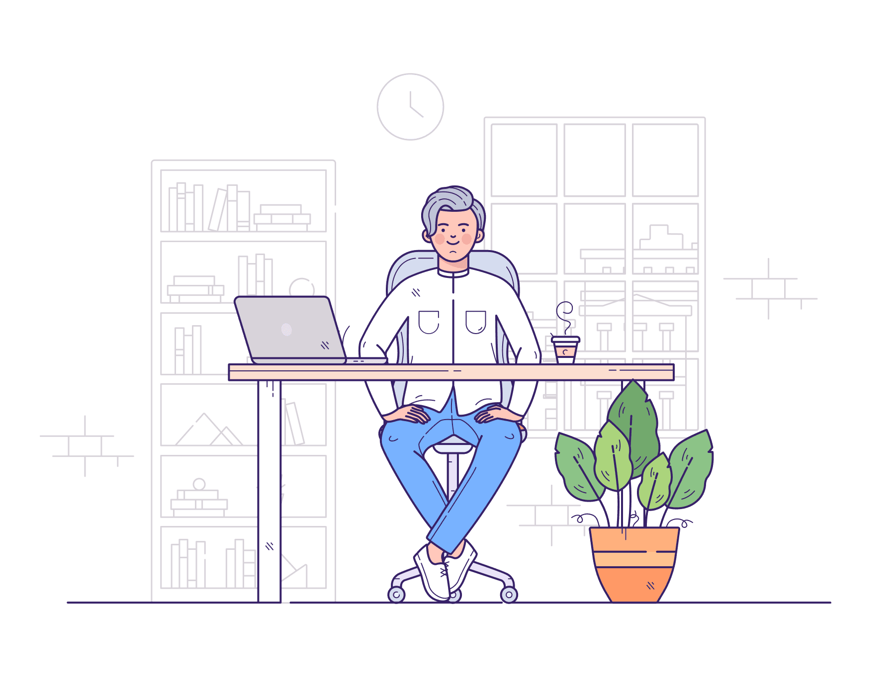 Illustration of a creative seated at a desk in front of a laptop, with a bookshelf behind and a plant to the side, in a room with a large window.