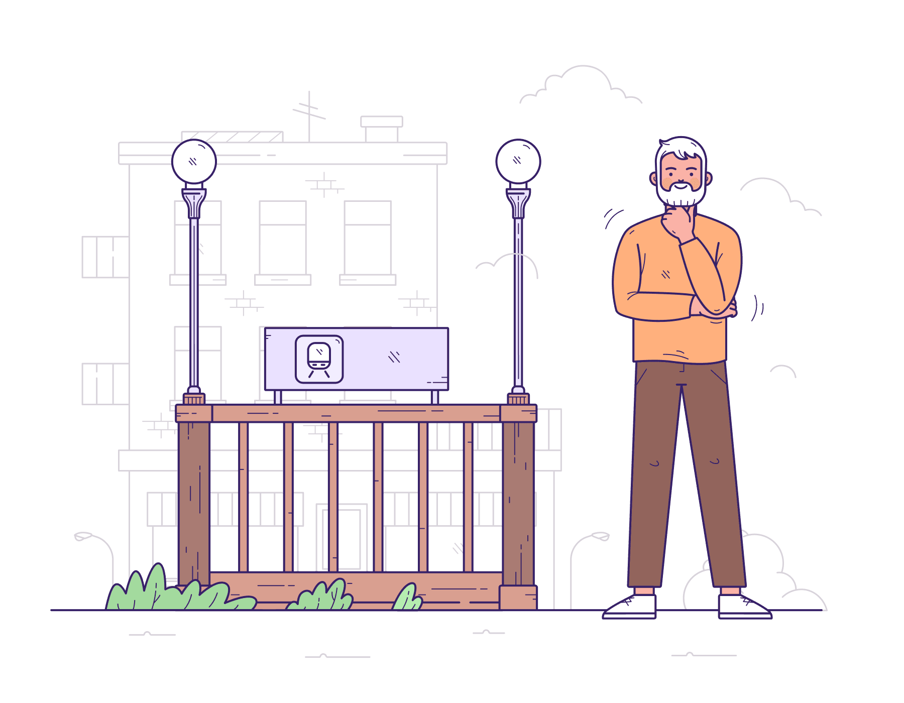 Illustration of a retiree standing at a bus stop thinking about their next adventure in life.