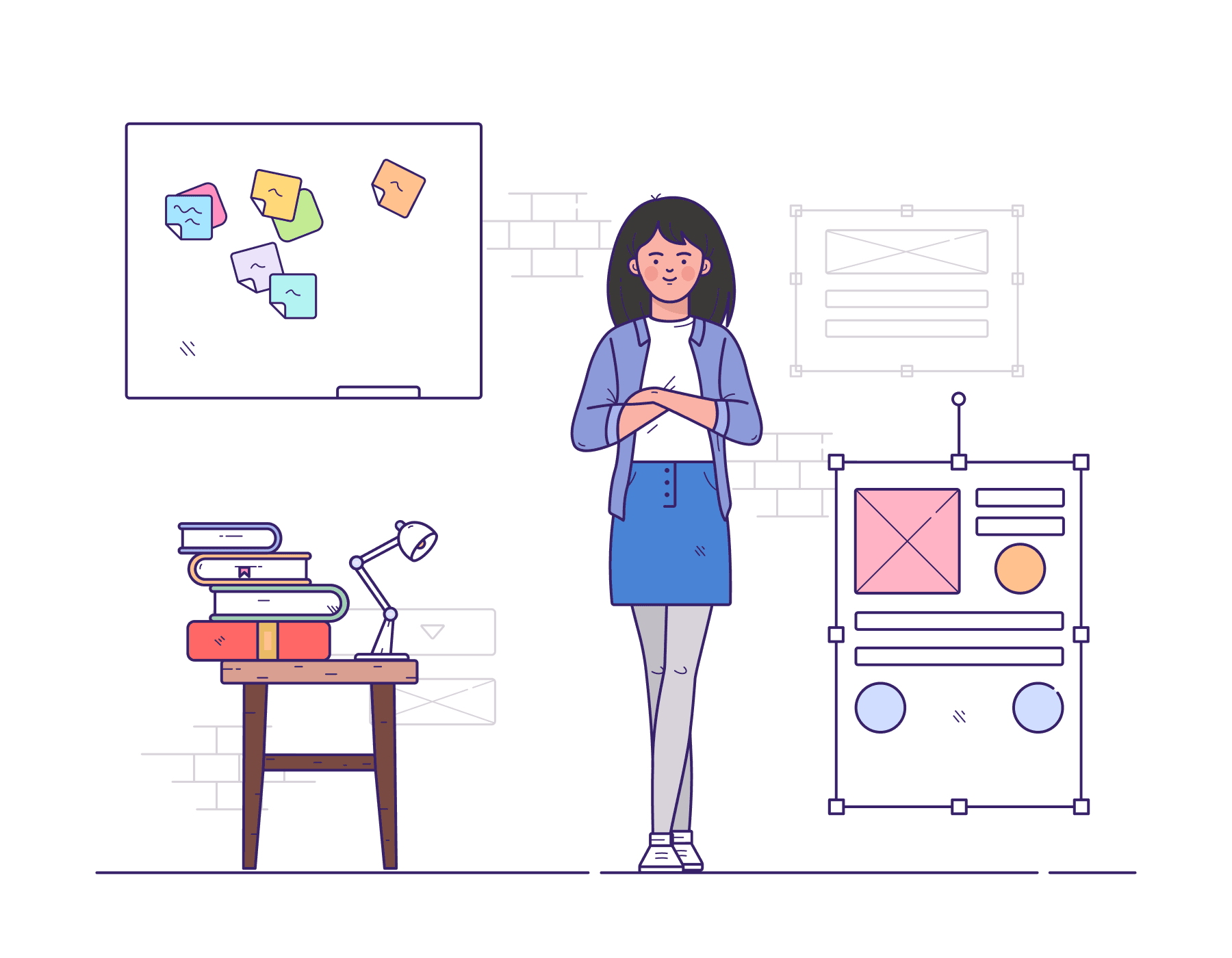 Illustration of a student standing in an office beside a photocopier and holding a cup, with a whiteboard with sticky notes behind her.