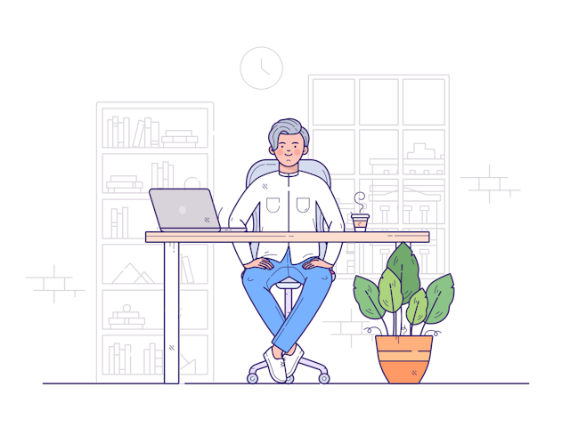 Illustration of a creative seated at a desk in front of a laptop, with a bookshelf behind and a plant to the side, in a room with a large window.