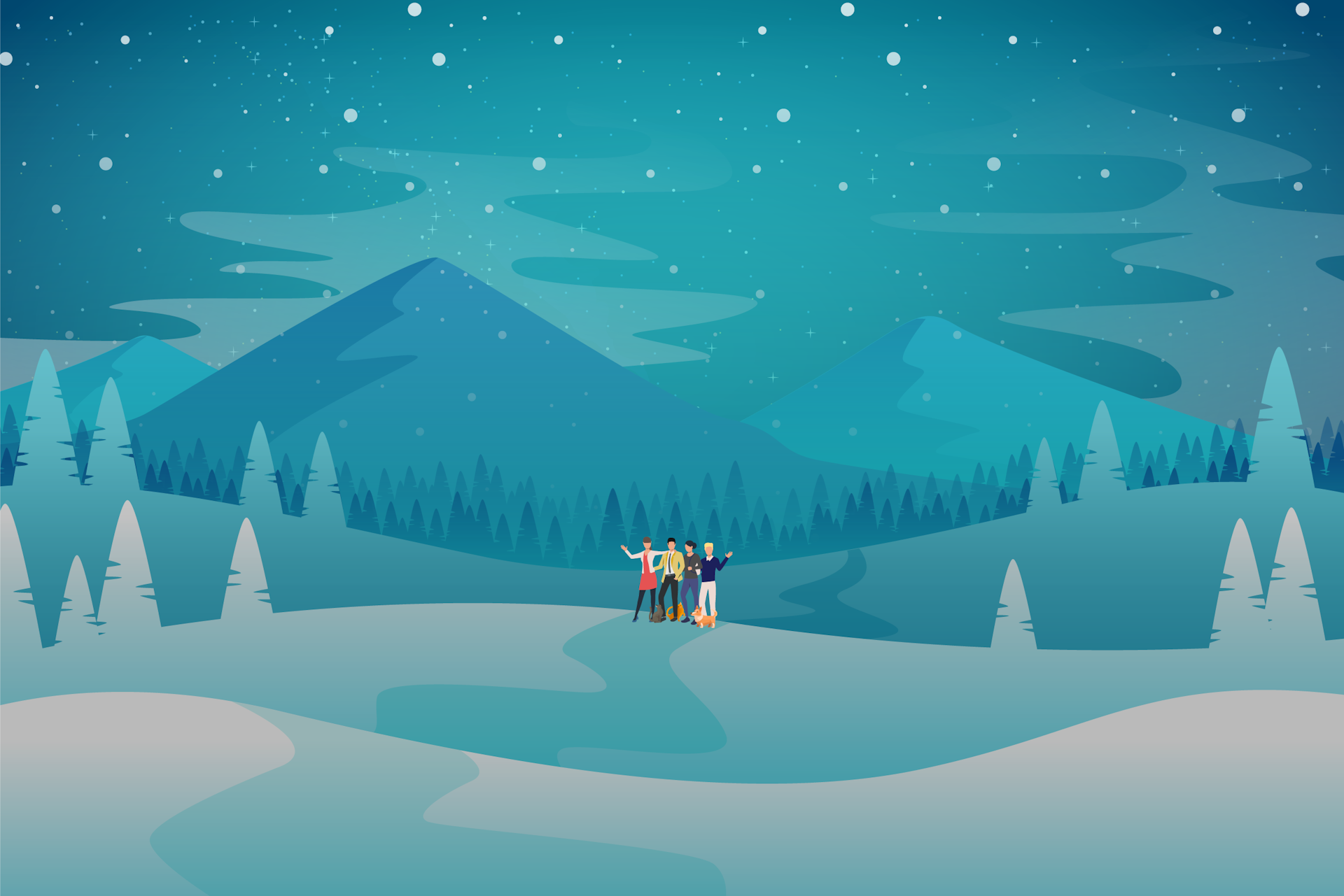 Illustration of a group of people on a snowy meadow with pine trees, with mountains in the distance and snow falling overhead.