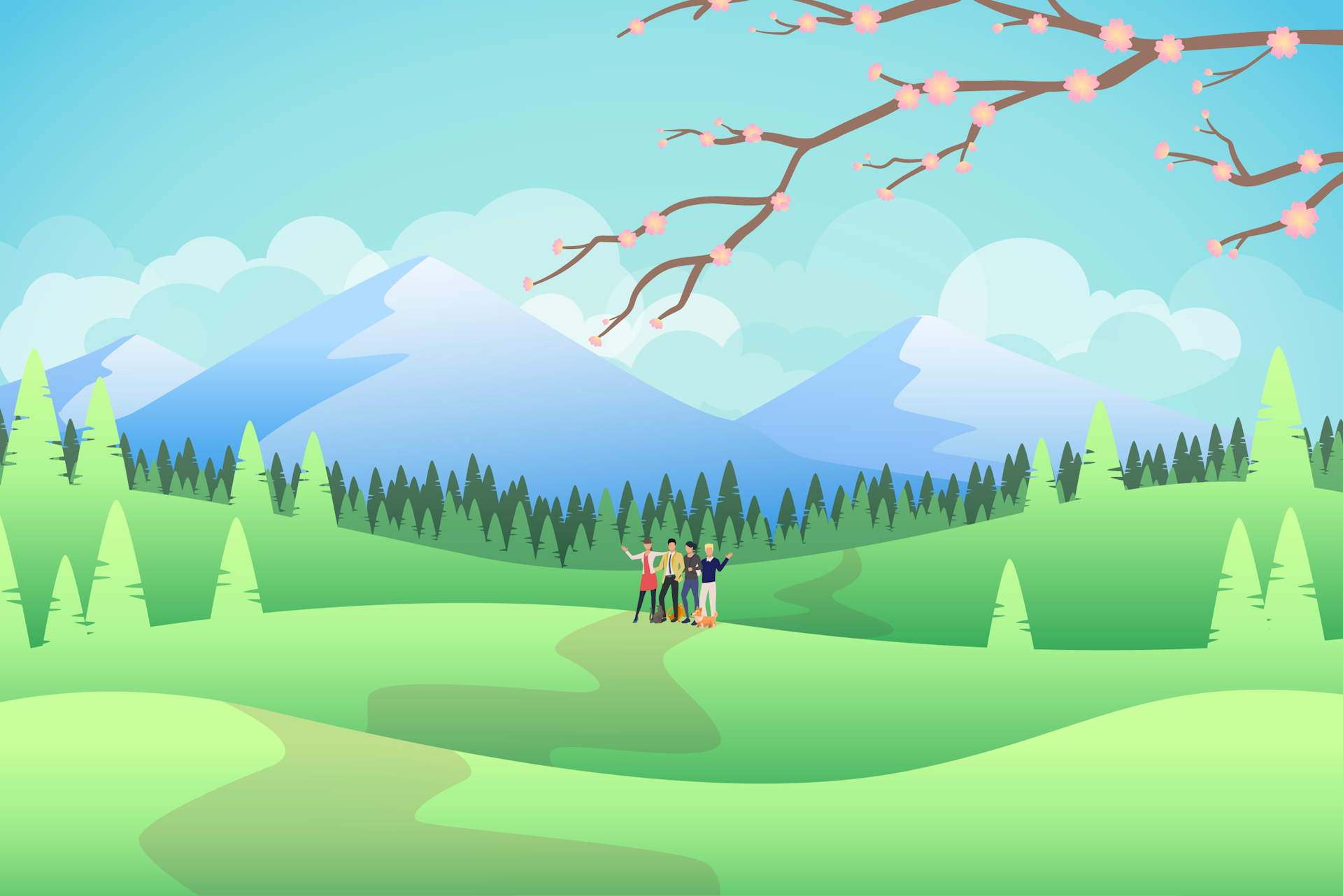 Illustration of a group of people on a green meadow with pine trees, with mountains in the distance and a branch of pink blossoms overhead.