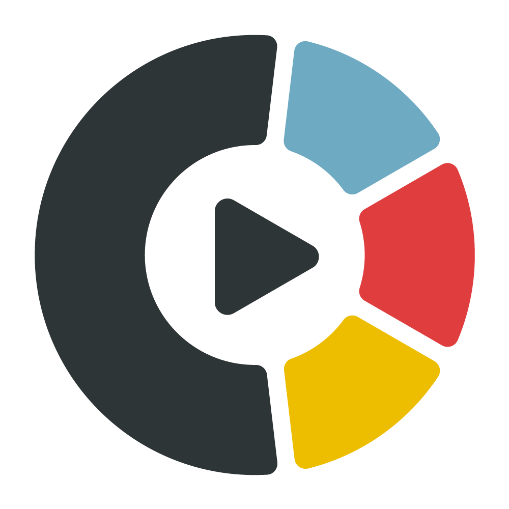A circular icon divided in half: the left side is black, and the right side has 3 colored segments - blue, red, and yellow, with a white play symbol in the center.
