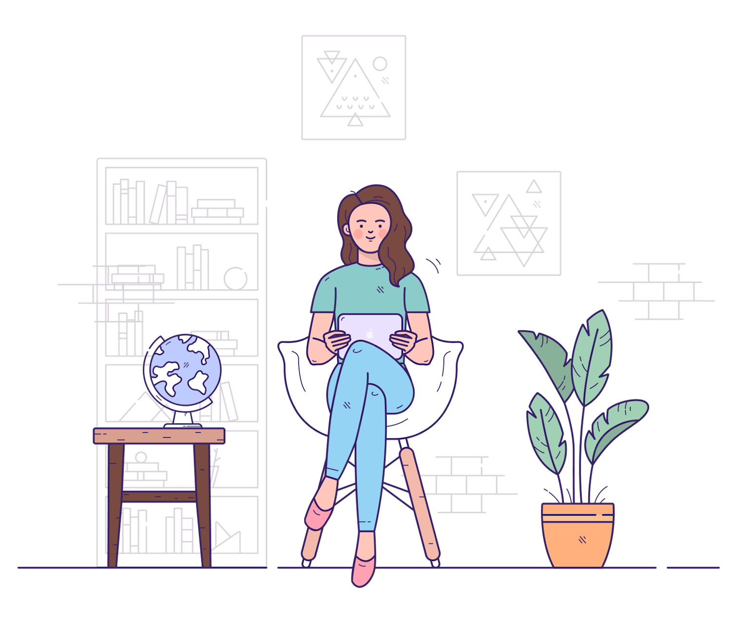 Illustration of a woman sitting in a modern chair, holding a tablet, with a bookshelf, globe, and plant nearby, suggesting a cozy reading or study area.