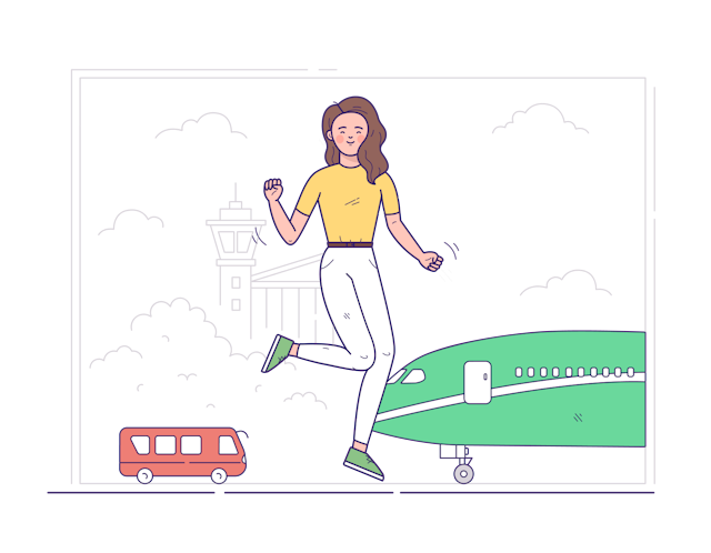 Illustration of a woman jumping up, with a plane and bus in the background.
