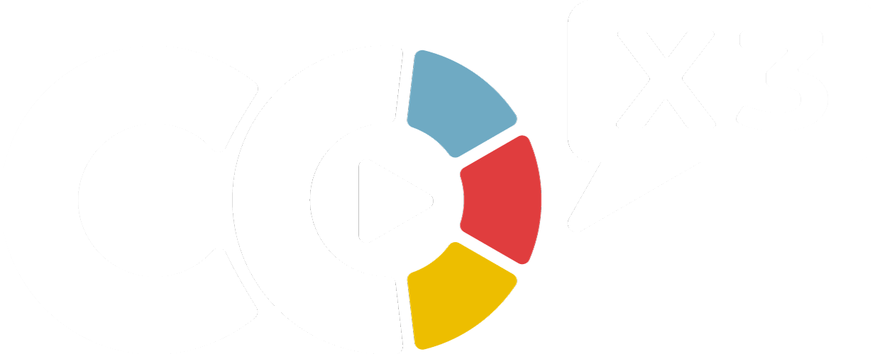 Co-x3 spelled out in white lettering, with the O as the circular icon symbolizing the knowledge, tools, and community. The x3 is encapsulated in a chat bubble.