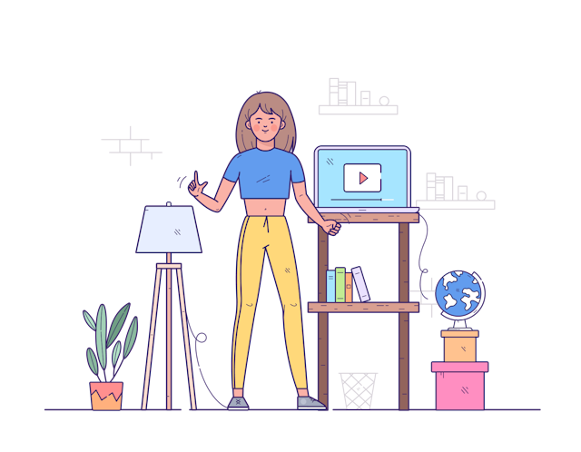 Illustration of a woman at a desk presenting a screen, with a bookshelf and clock in the background.