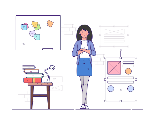 Illustration of a student standing in an office beside a photocopier and holding a cup, with a whiteboard with sticky notes behind her.