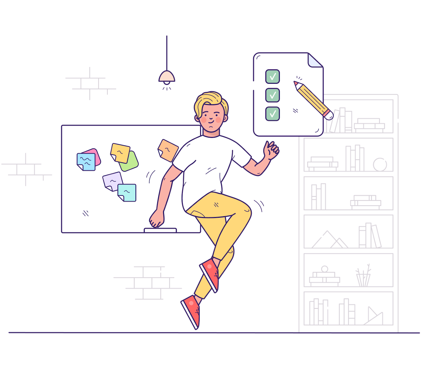 Illustration of a man jumping up, papers floating around, with one hand raised as if explaining something and a checklist with a pencil on the right.