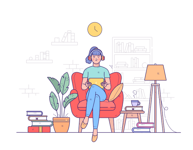 Illustration of a woman reading an iPad in a cozy chair with a drink beside her, surrounded by a lamp, plants, and a cityscape outside the window.